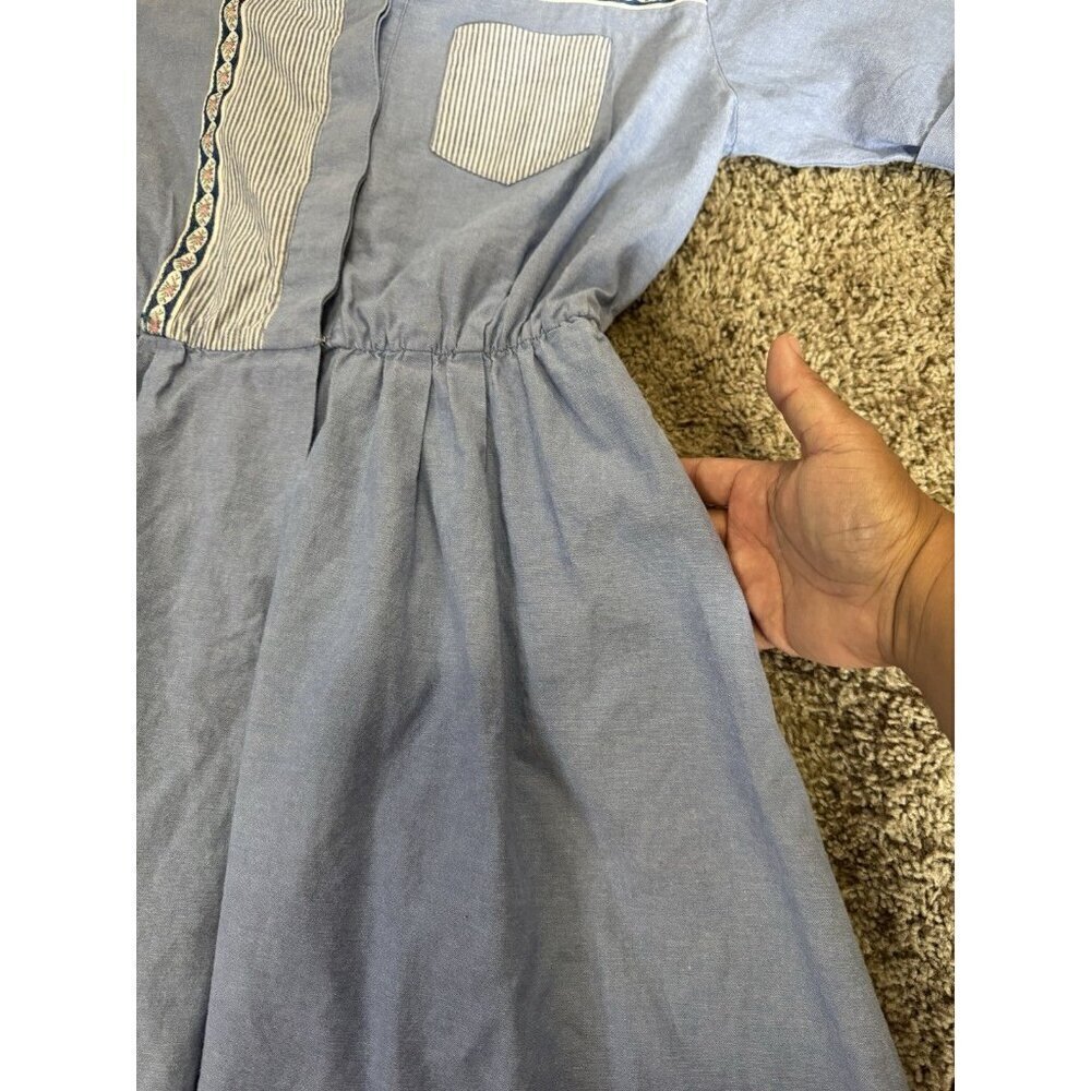 Vintage 70s 80s Fit & Flare Midi Dress Blue Stripe Elastic Waist Cotton USA 10 - Picture 7 of 9
